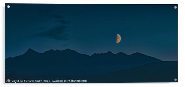 A half moon over the Cuillin Hills. Acrylic by Richard Smith