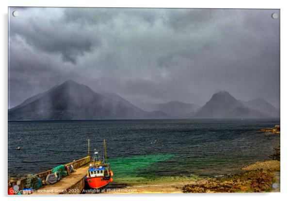 A shower of rain crosses the Black Cuillin Range viewed from Elgol pier. Acrylic by Richard Smith