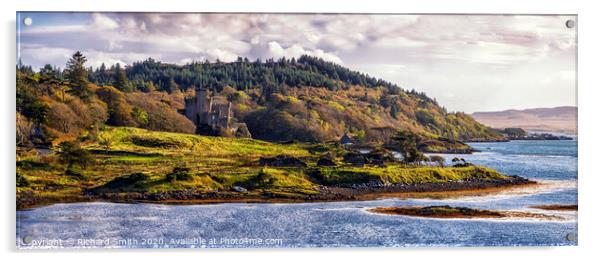 Dunvegan castle, Isle of Skye, nestled amongst the woodland autumn colours. Acrylic by Richard Smith