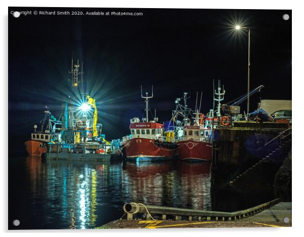 Workboat and Trawlers moored to Portree pier at night. Acrylic by Richard Smith