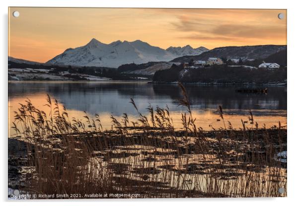 Cuillin reflections in Loch Portree, reeds in the foreground.  Acrylic by Richard Smith