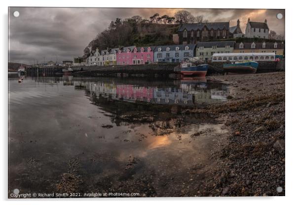 Portree pier in the afternoon reflected in Loch Portree Acrylic by Richard Smith