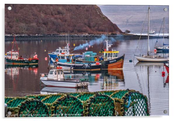 Fishermen at work in Portree harbour photographed from behind a stack of creels. Acrylic by Richard Smith