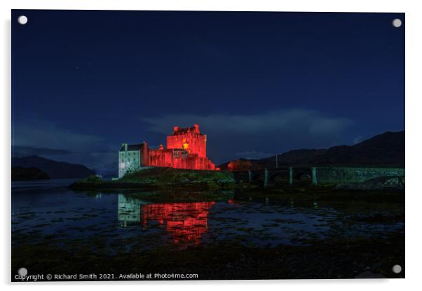 Eilean Donan Castle floodlit for remembrance day. Acrylic by Richard Smith