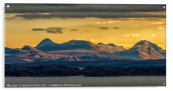 Early morning sunlight upon Mainland hills. Acrylic by Richard Smith