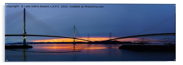 Sunset Bridges at Queensferry Panoramic  Acrylic by Lady Debra Bowers L.R.P.S