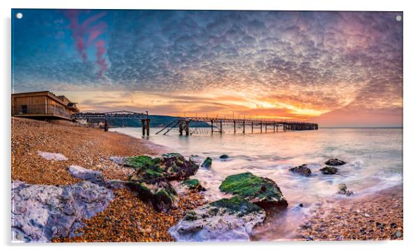 Totland Pier Panorama Sunset Acrylic by Wight Landscapes