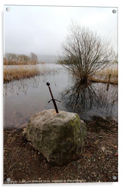 Sword in the Stone, Llangorse Lake Acrylic by HELEN PARKER