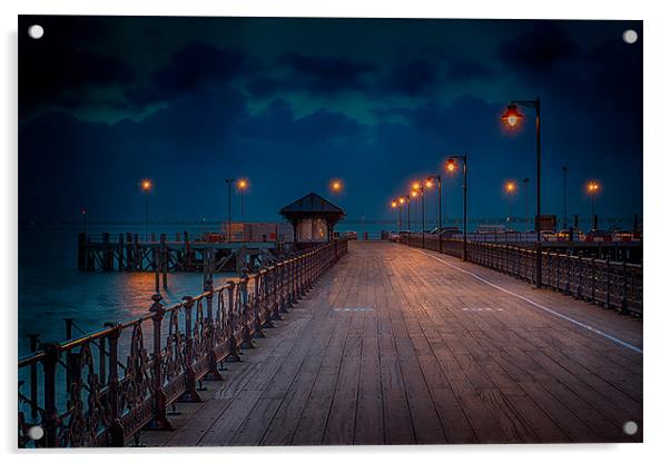 Dusk at the end of the Pier Acrylic by Ian Johnston  LRPS