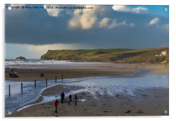 Polzeath Beach in Winter, Cornwall Acrylic by Mary Fletcher