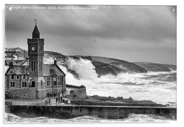 Porthleven in Black and White Acrylic by Mary Fletcher