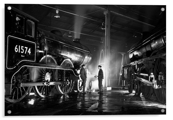 Steam loco crew stop for a chat at night. Acrylic by Ian Duffield