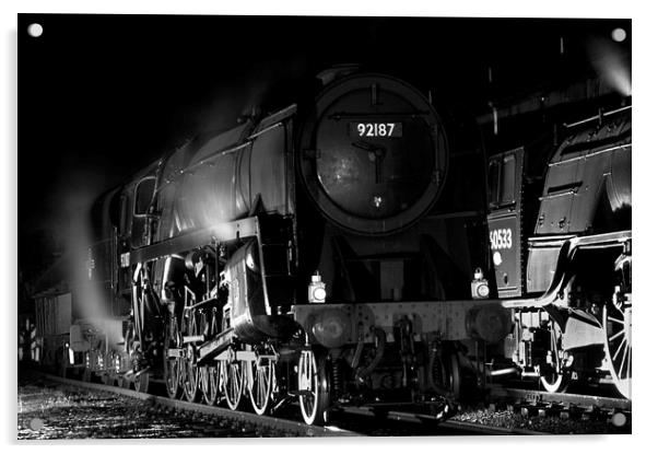 Steam loco waiting at night. Acrylic by Ian Duffield