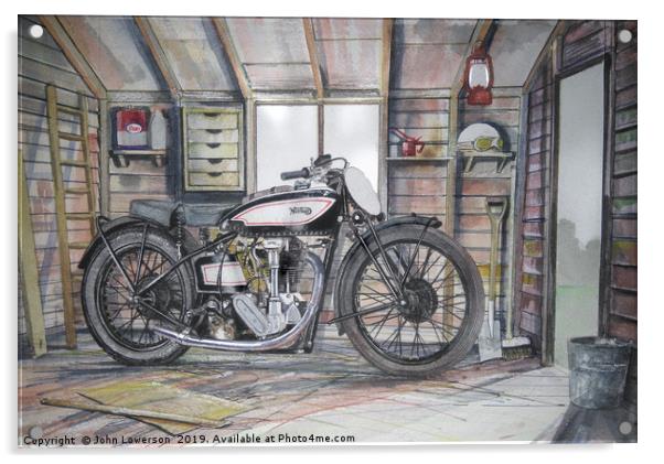 An Old motorcycle in the Shed Acrylic by John Lowerson
