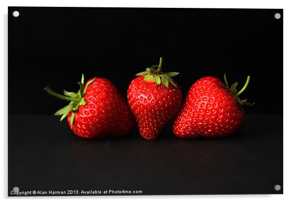 Three Strawberries On Black Acrylic by Alan Harman