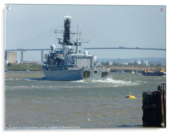 HMS Portland at QE Bridge  Acrylic by Ursula Keene