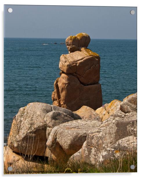 Granite couple looking out to sea on Brittanys pink granite coast, France Acrylic by Beverley Middleton