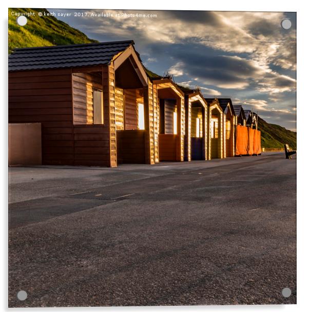 Saltburn beach huts at sunset Acrylic by keith sayer