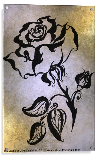 Ink Drawing Chinese Rose Golden Acrylic by Jenny Rainbow