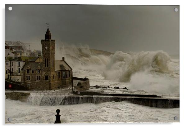 Porthleven battered by huge waves Acrylic by Steve Cowe