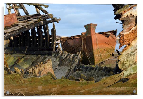 Sunshine On The Wrecks At Fleetwood Marsh Acrylic by Gary Kenyon