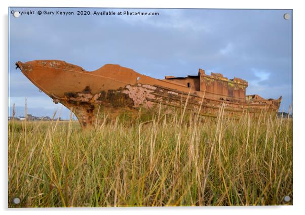 Old Rusty boat through the grasses at Fleetwood Acrylic by Gary Kenyon