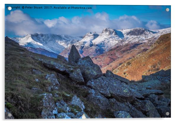 Langdale Pikes in Winter Acrylic by Peter Stuart