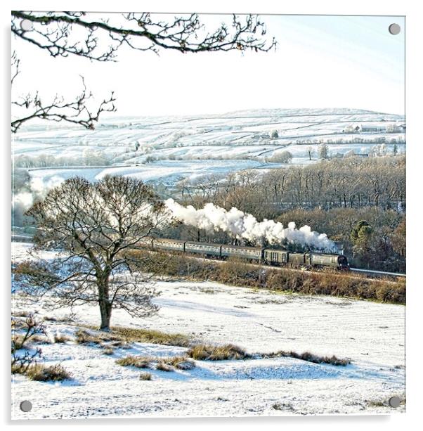 Steam train in a snowy landscape. Acrylic by David Birchall