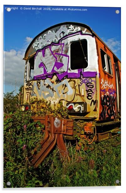 Abandoned railway carriage covered in graffiti. Acrylic by David Birchall