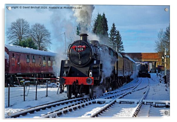 Steam locomotive 73129 in snow. Acrylic by David Birchall