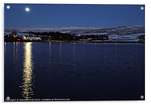 Winter full moon at Hollingworth Lake. Acrylic by David Birchall