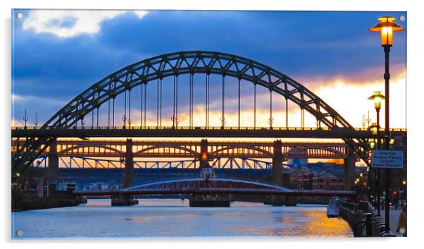 Newcastle Quayside, Sunset, Tyne Bridge Acrylic by Helen Holmes