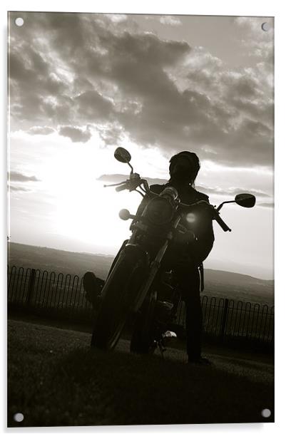biker at sun set Acrylic by tom crockford