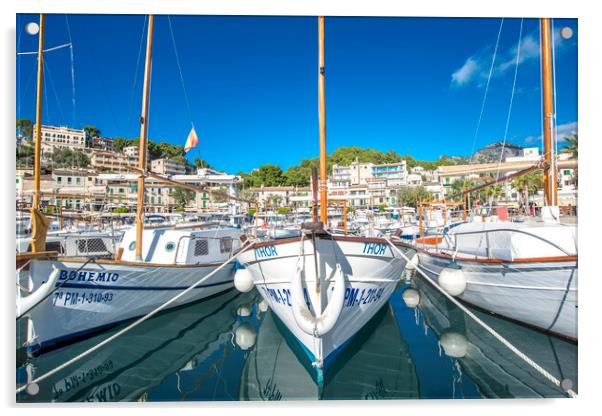 Small boats in the port of soller Acrylic by Perry Johnson