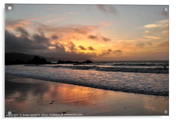 Moody sunrise at Looe Beach Acrylic by Rosie Spooner