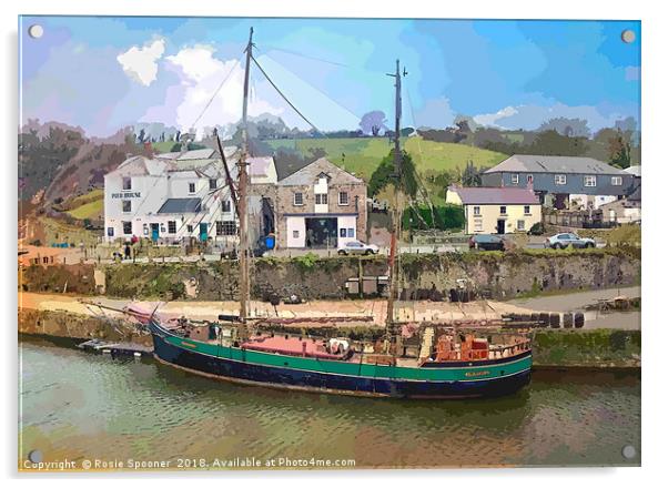 Tall Ship in Charlestown Cornwall Acrylic by Rosie Spooner