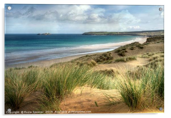 Hayle Sand Dunes and Godrevy Lighthouse Cornwall Acrylic by Rosie Spooner