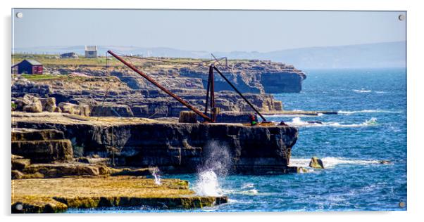 Portland Bill Red Crane Acrylic by Peter F Hunt