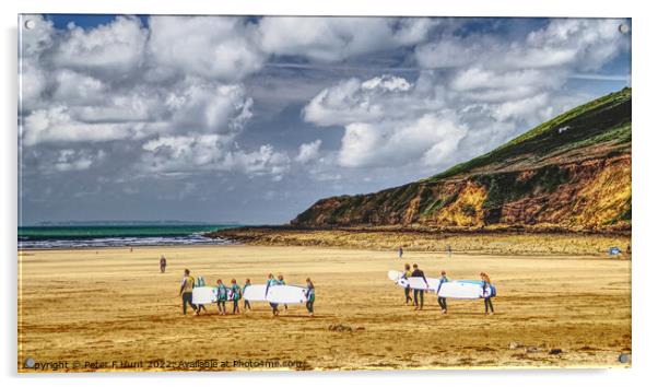 Surf School Heading For The Surf At Saunton Sands Acrylic by Peter F Hunt