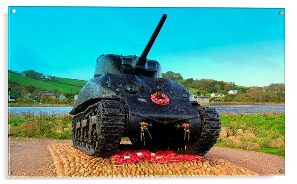 Sherman Tank Slapton Sands Devon Acrylic by Peter F Hunt