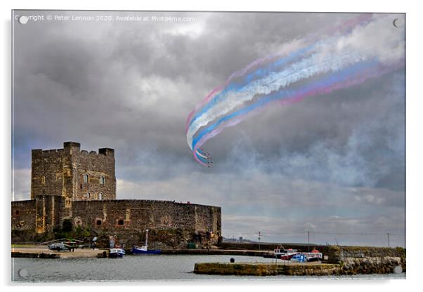 RAF Red Arrows flypast at Carrickfergus Castle Acrylic by Peter Lennon