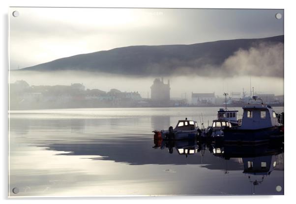 Early Morning Mist Over Scalloway, Shetland. Acrylic by Anne Macdonald
