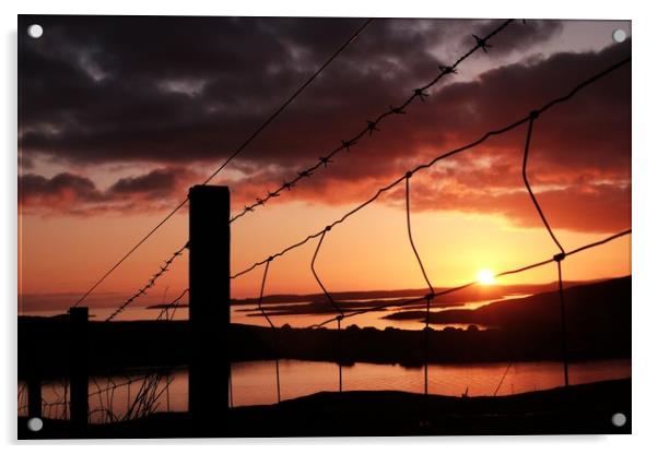 Fence In The Sunset at Uradale, Shetland. Acrylic by Anne Macdonald