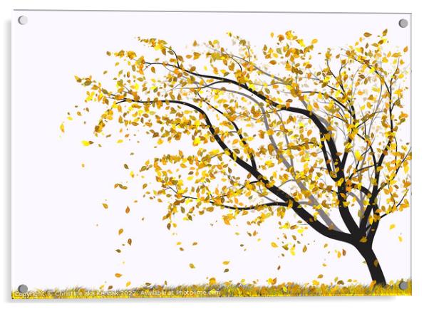 Autumn Tree with Falling Leaves Ilustration Acrylic by Christine Kerioak