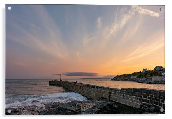 Sunset over Porthleven Pier Acrylic by Malcolm McHugh