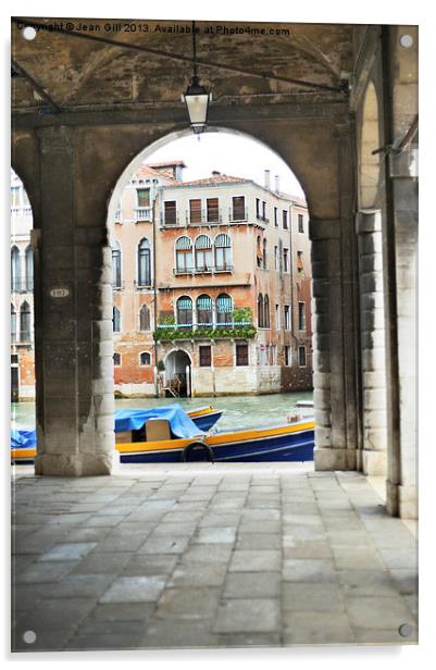 Venice Boat through Arches Acrylic by Jean Gill