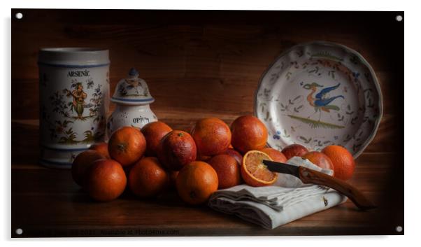 Old Maestra Blood Oranges and French Faience Pottery Acrylic by Jean Gill