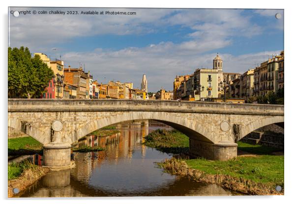 Serene Reflections: The Majestic Bridge of Girona Acrylic by colin chalkley
