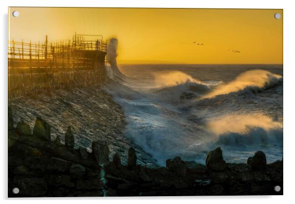 Storm Eunice at Porthcawl lighthouse Acrylic by Leighton Collins