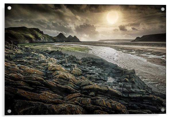  Moody Three Cliffs Bay Gower  Acrylic by Leighton Collins